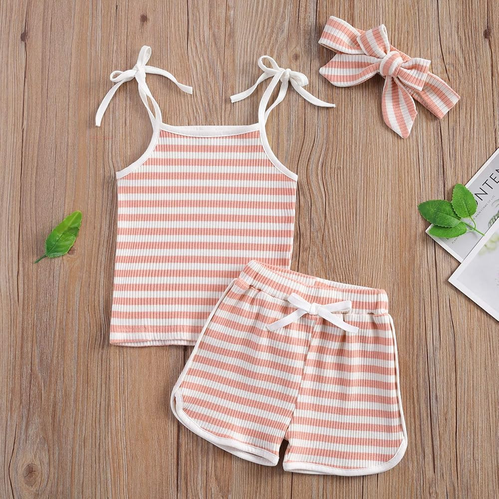 Toddler Baby Girl Summer Clothes Stripe Tank Top + Cotton Shorts Headband 3Pcs Knit Ribbed Outfit Se | Amazon (US)