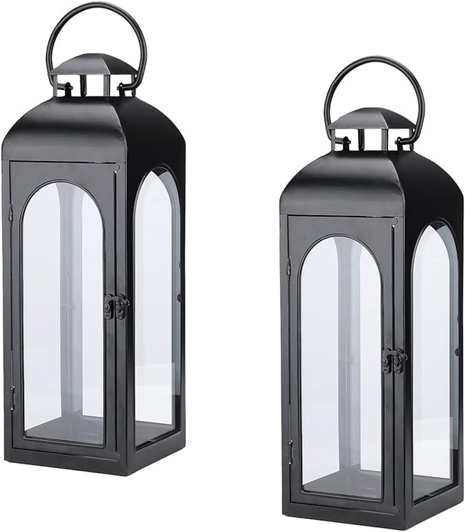 2 Pack Luxury Modern Lanterns Decorative Tall 16 Inches Black Metal Hurricane Lanterns with Clear... | Amazon (US)