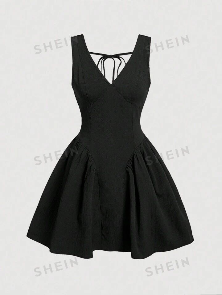 SHEIN MOD Women's V-Neck Backless Hollow Out Short Black Dress For Summer | SHEIN
