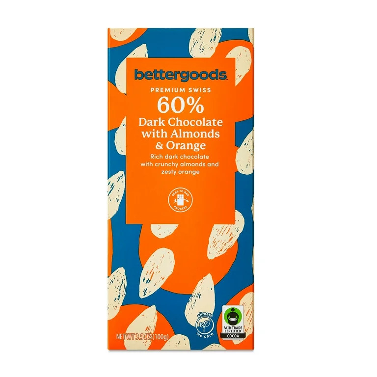 bettergoods Premium Swiss 60% Dark Chocolate Bar with Almonds & Orange, 3.5 oz | Walmart (US)