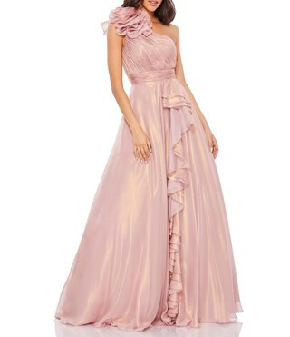 Iridescent One Shoulder Rosette Ruffled Sleeveless Gown | Dillard's