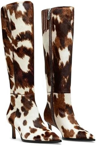 MICIFA Burgundy Kitten Heel Knee High Boots for Women Side Zipper Tall Leather Boots Pointed Toe ... | Amazon (US)