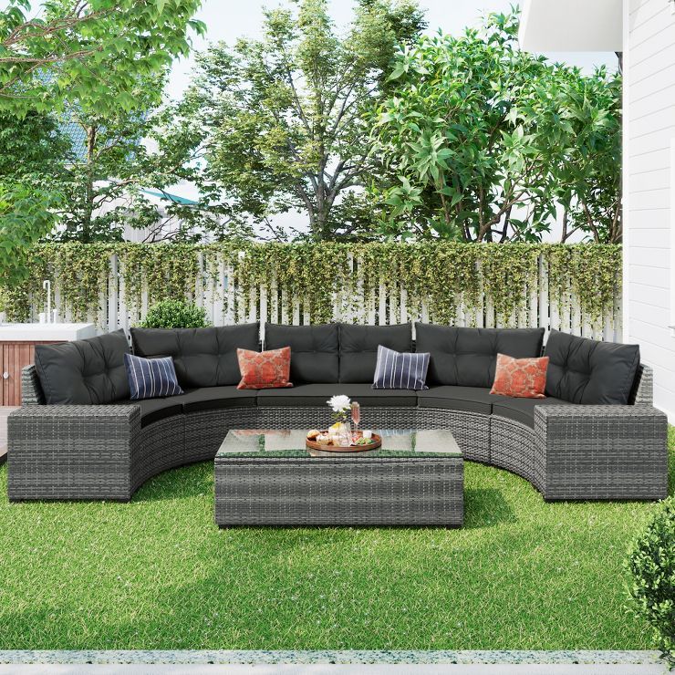 8PCS Patio PE Rattan Conversation Set, Outdoor Half-Moon Sectional Sets With Coffee Table-ModernL... | Target