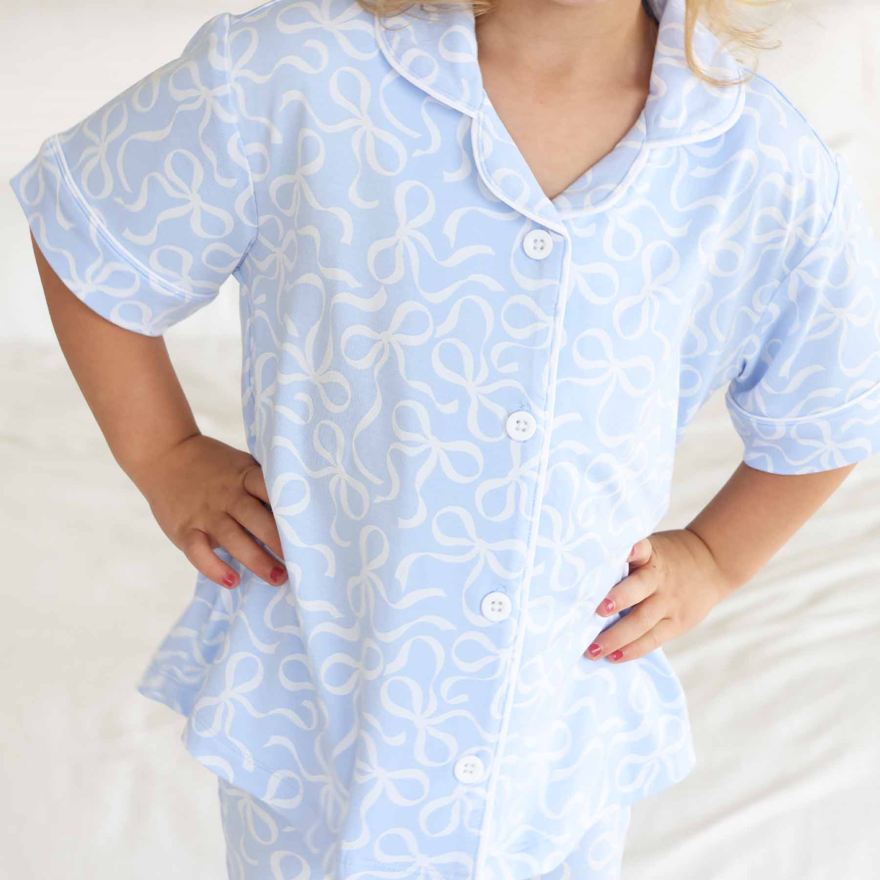 Girl's Two Piece Flare Lounge Set | Blue-tiful Bows | Caden Lane