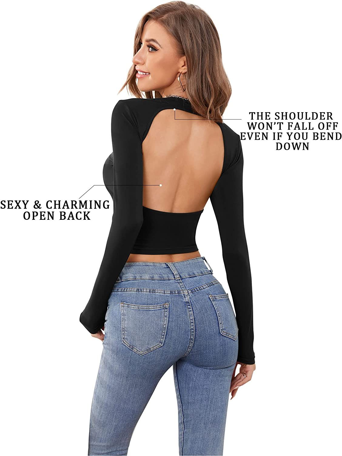 DIRASS Women Backless Long Sleeve Crop Tops Y2K Shirts Sexy Slim Fit Cut Out Open Back Casual Spr... | Amazon (US)