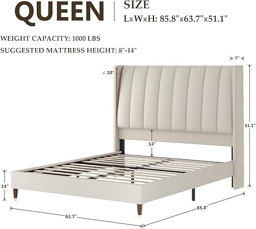 Queen Platform Bed Frame, Upholstered Bed Frame Queen with Vertical Channel Tall Wingback Headboa... | Amazon (US)
