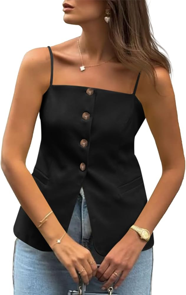 Cicy Bell Womens Summer Cami Suit Vest Dressy Casual Button Down Waistcoat Fitted Split Hem Sleev... | Amazon (US)