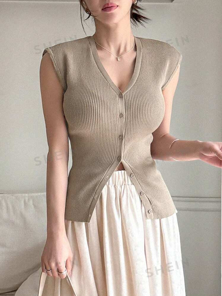 DAZY Solid Color Slim Fit Sleeveless V-Neck Women's Knitted Top | SHEIN