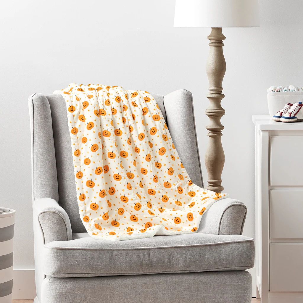 Candy Corn And Pumpkins Sherpa Baby Blanket | Lush Decor