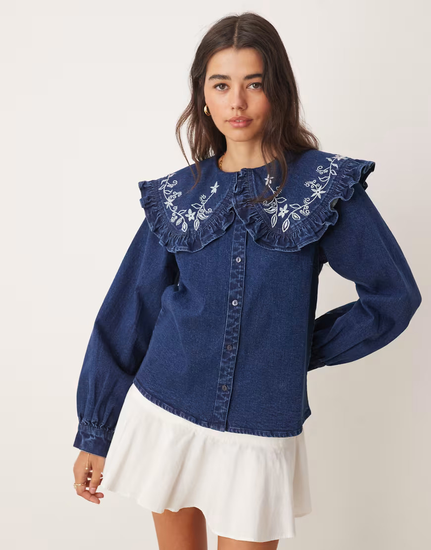 Miss Selfridge ruffle embroidered collar denim shirt in indigo-Navy | ASOS (Global)