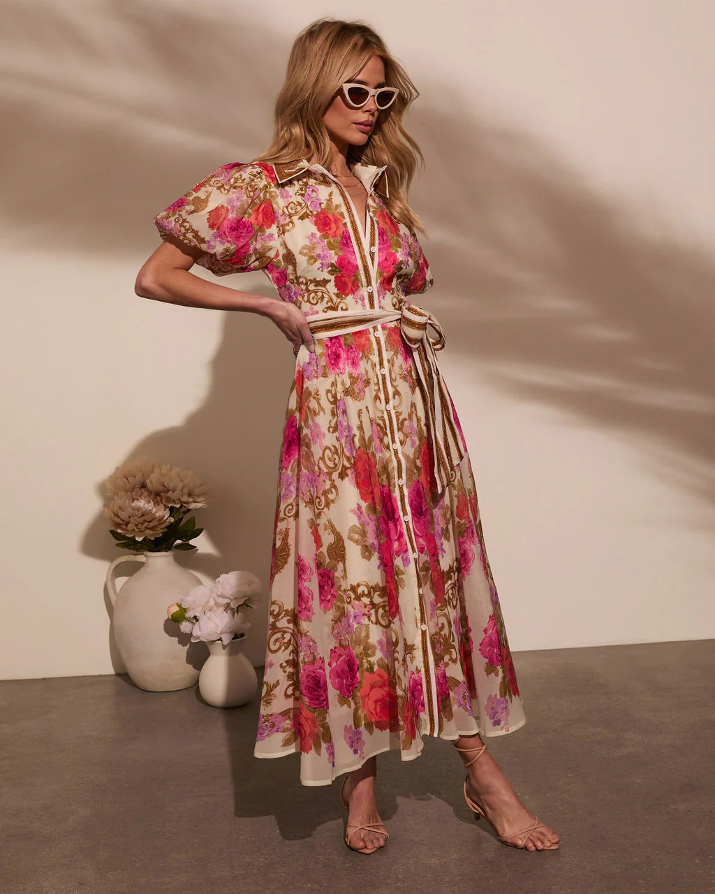 Meadowlane Floral Waist Tie Midi Dress | VICI