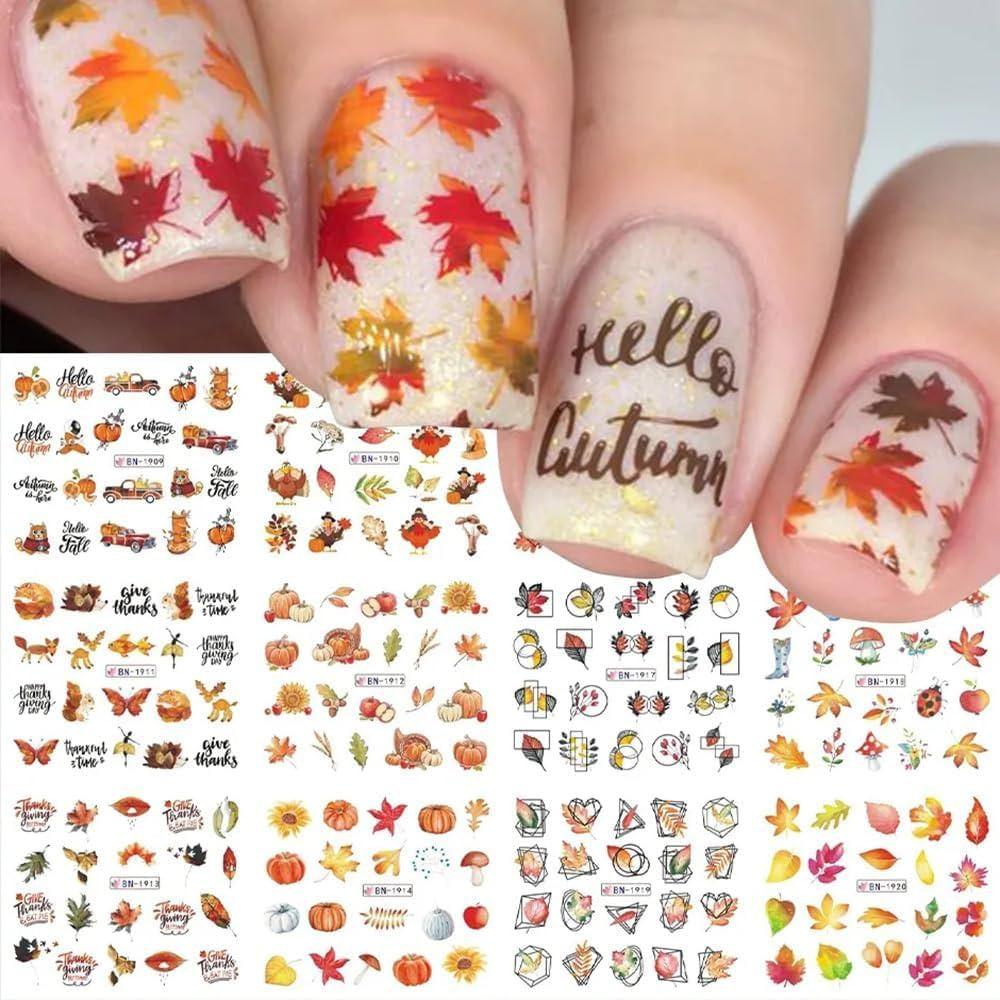 Fall Nail Art Stickers, Autumn Nail Art Water Decals Transfer Nail Supplies Maple Leaves Turkey P... | Amazon (US)