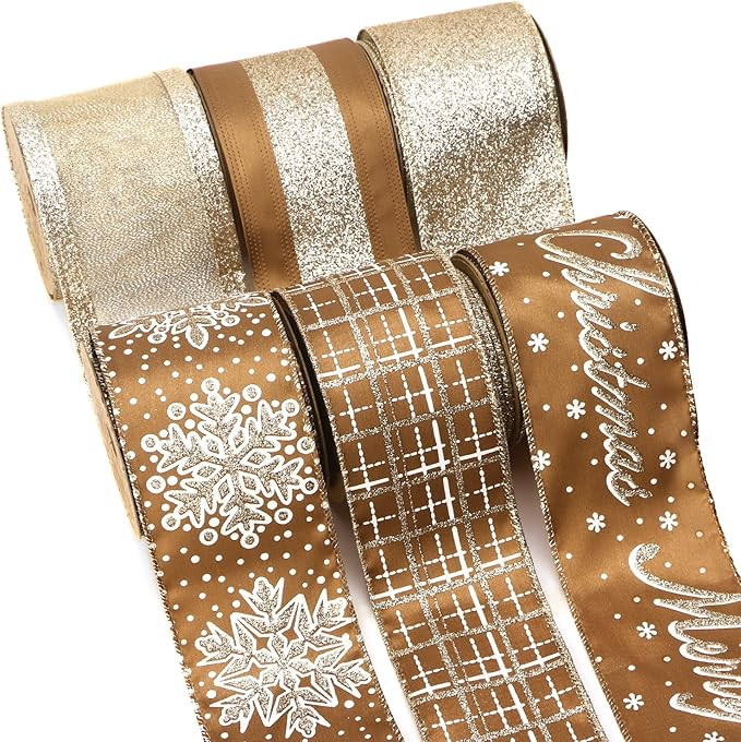 Ribbli Christmas Ribbon Wired Copper Brown with Champagne Glitter Christmas Tree Ribbons for Craf... | Amazon (US)