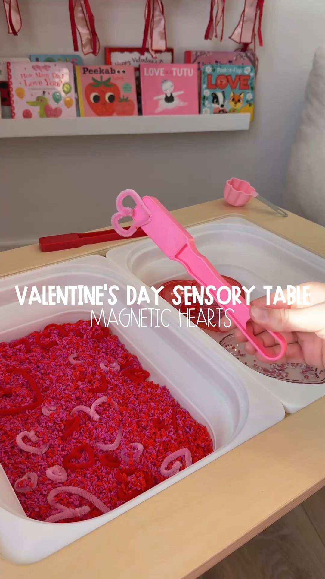Valentine’s Day Sensory Table for Toddlers ❤️
This easy Valentine’s themed sensory table was such a hit! I used red and pink Pluffle, DIY pipe cleaner hearts, heart bowls for color matching, and magnetic wands to search for the hearts hidden in the Pluffle.

This activity is great for fine motor skills, color recognition, and sensory exploration, and it only takes a few minutes to set up. Perfect for toddler Valentine’s Day activities, at-home play ideas, and simple sensory play setups.

If your toddler hasn’t tried Pluffle yet, it’s a must for sensory play!
Linked similar items for our setup 🤍

#LTKValentine #LTKKids #LTKSeasonal