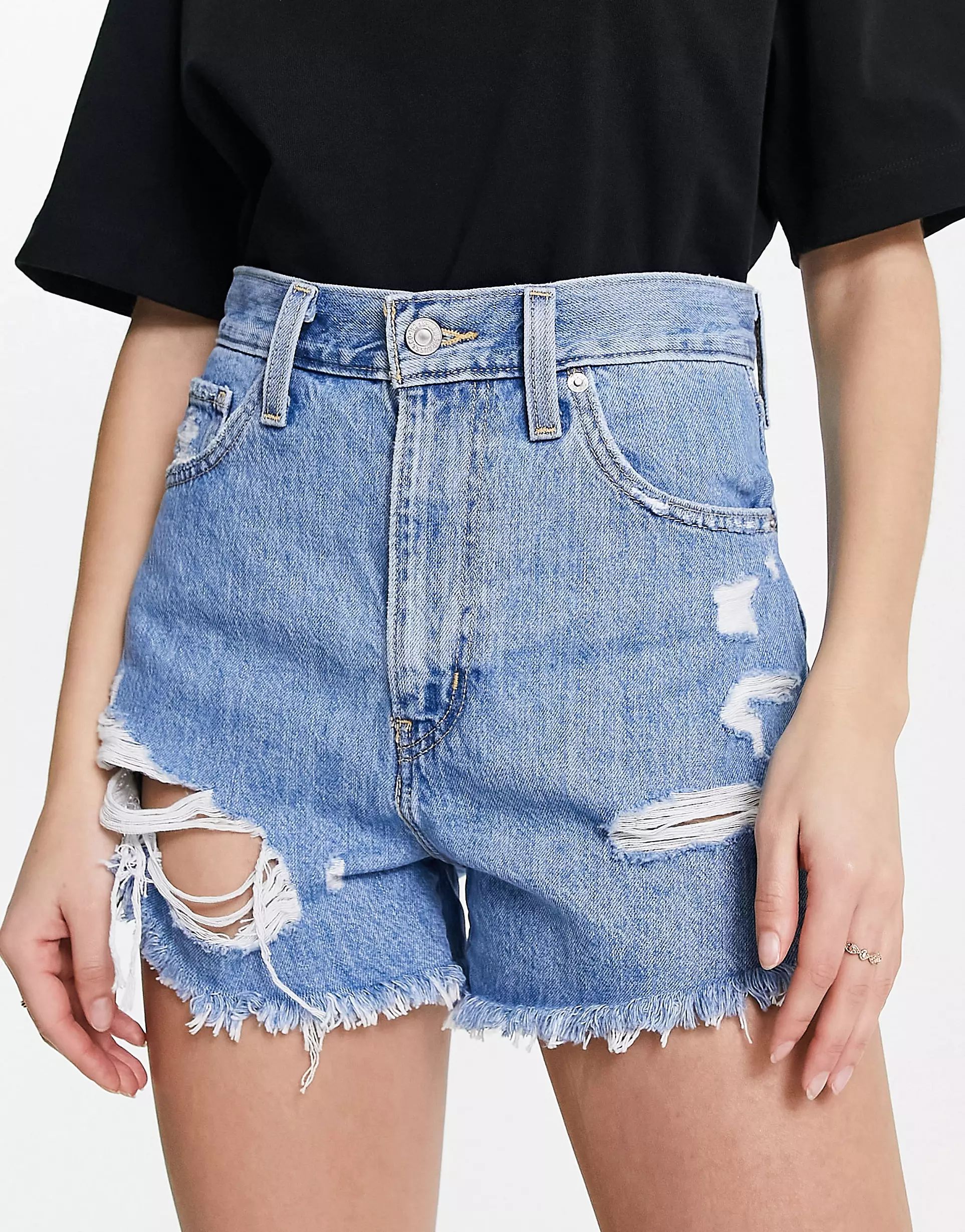 Levi's high waisted distressed mom shorts in light wash blue | ASOS | ASOS (Global)