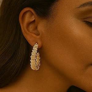 14K Gold Plated Bold Statement Hoop Earrings for Women - Trendy Boho Ribbed Croissant Scallop Pea... | Amazon (US)