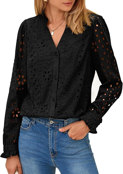 PRETTYGARDEN Women's Eyelet Tops 2025 Spring Dressy Casual Blouses Lace Long Sleeve Button V Neck... | Amazon (US)