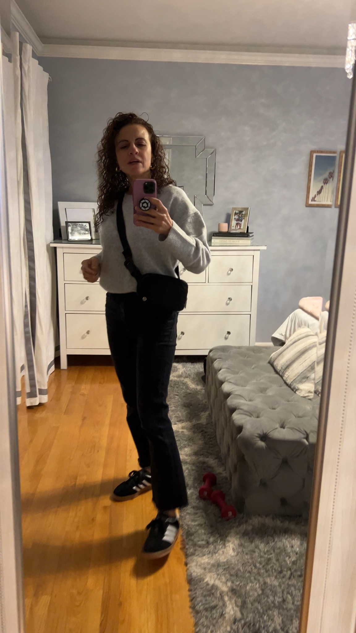 OOTD Grey sweater with be lack lulu cross body bag, black mother jeans, black bombas socks, Gazelle Indoor Shoes, black and white sneakers let’s go teach!!

#LTKFindsUnder100 #LTKOver40 #LTKStyleTip