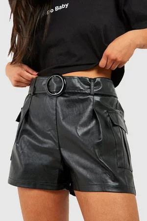 Petite Faux Leather Belted Utility Pocket Shorts | Boohoo.com (UK & IE)