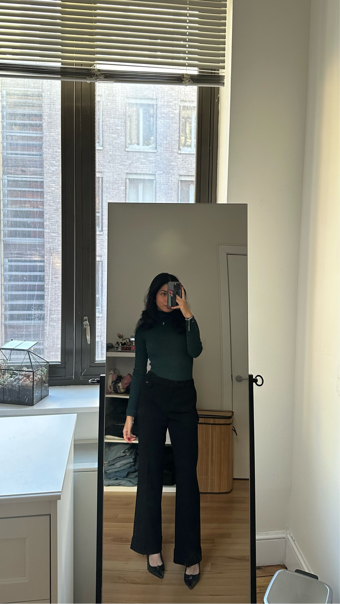 business casual outfit | green turtleneck, black dress pantss

#LTKworkwear #LTKstyletip