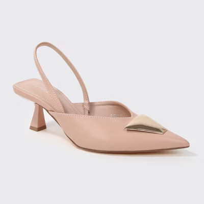 Berness Women's Cielo Faux Leather Slingback Heels with Gold Trapezoid Accent Beige 8.5 | Target