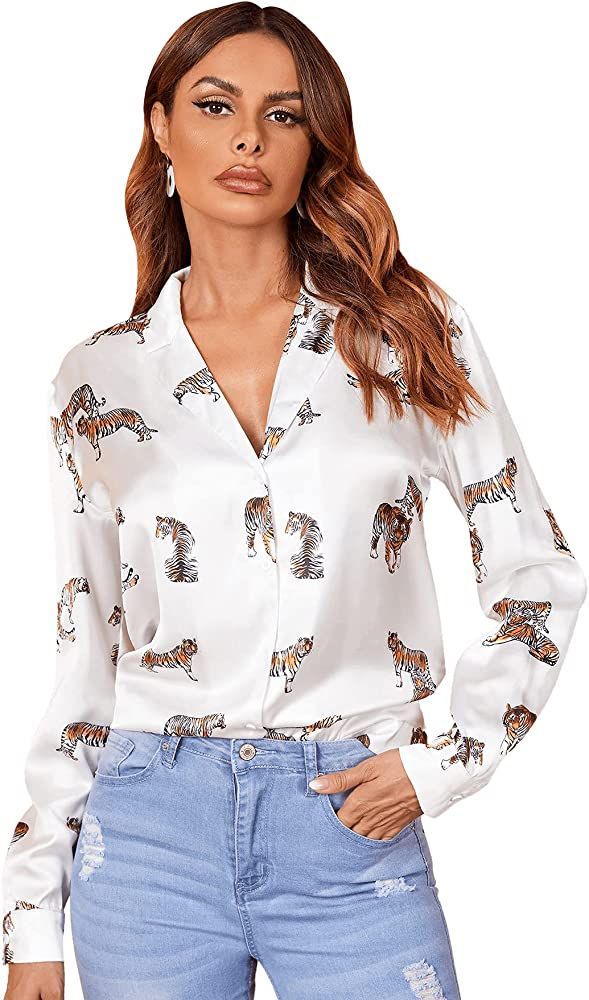 SweatyRocks Women's Chiffon Sexy Leopard V Neck Long Sleeve Blouse Shirt Tops | Amazon (US)