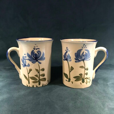 Floral Coffee Mugs Cups White with Hand Painted Blue Flowers Set of 2  | eBay | eBay US
