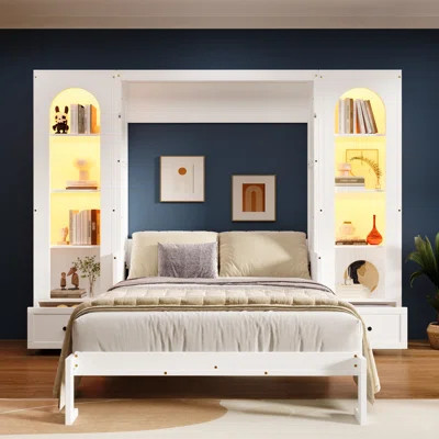 Queen Murphy Wall Bed with Storage — Platform Fold-Down Bed with Shelves, Side Cabinets, Drawers & LED Lights, White | Wayfair North America