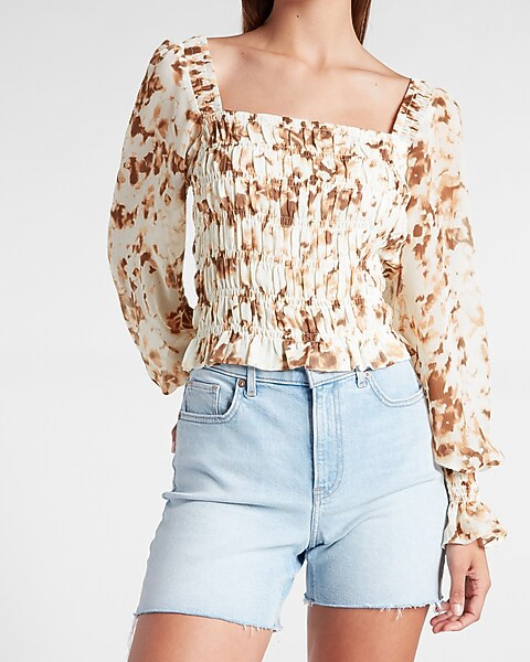 Printed Smocked Square Neck Top | Express