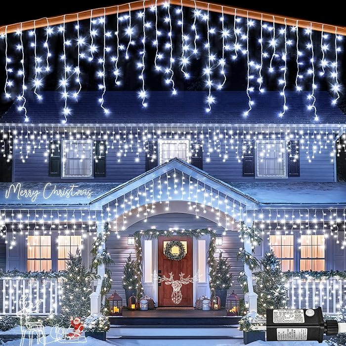Icicle lights Outdoor - 33ft Christmas Lights with 400LED 75 Drops 8 Modes, Plug in Curtain Strin... | Amazon (US)