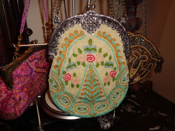 Vintage  "CHRISTIANA" Beaded Evening Bag Hand Beaded on Silk Filigree Hardware Chain Shoulder Str... | Etsy (US)