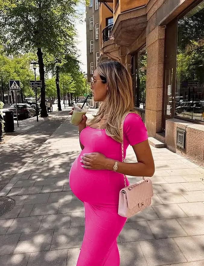 Peauty Maternity Square Neck Bodycon Dress Ribbed Maxi Maternity Dress Photoshoot Short Sleeve Ba... | Amazon (US)