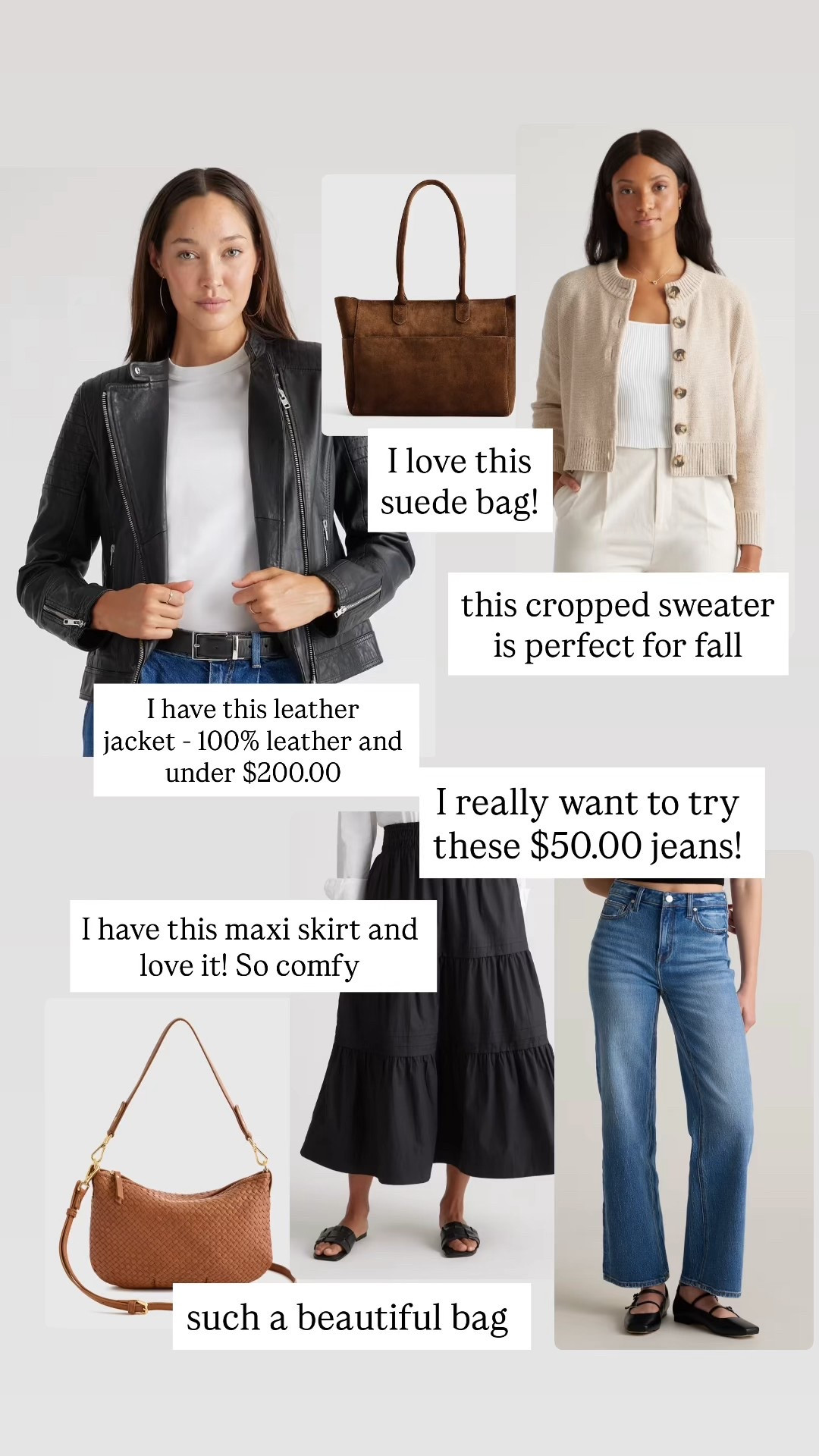 Use code INFG-25BECKYFKELLER10
Love these quince fall pieces 
The leather jacket that’s under $200.00 
The pretty suede bag and the woven bag 
The $50.00 jeans 
The maxi skirt that’s so comfy that I have and love 
The cropped sweater that’s so pretty 

#LTKSeasonal #LTKItBag #LTKFindsUnder100