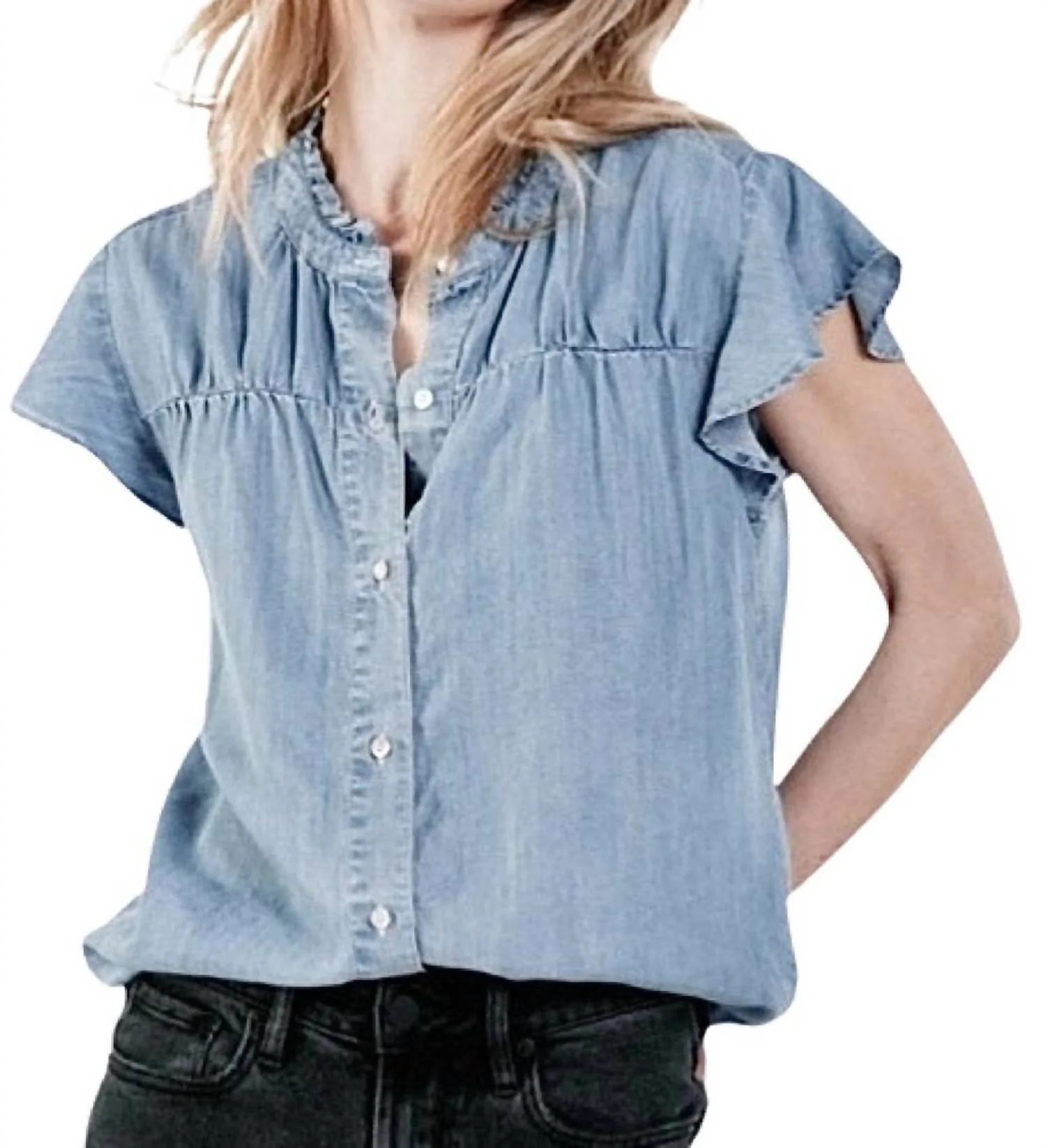 Stephany Short Sleeve Shirt In Bleached Denim | Shop Simon