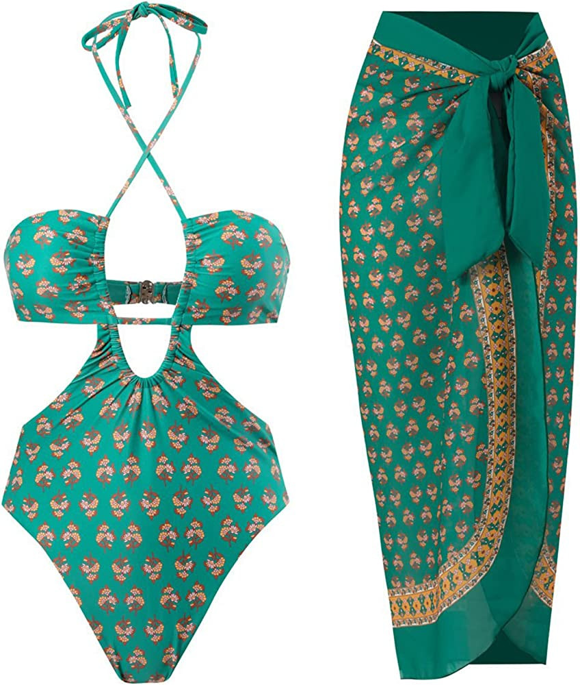 Women One Piece Swimsuit with Matching Cover Ups Floral Sexy Bikini Sets High Cut Push Up Two Pie... | Amazon (US)