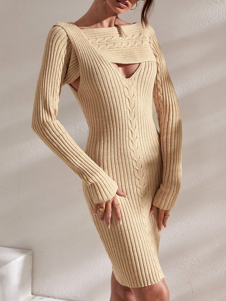 Cable Knit Sweater Dress & Crop Shrug Sweater | SHEIN