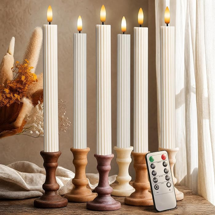 6 Pack, 10" LED Flameless Real Wax Cream Beige Fluted Ribbed Grooved Taper Candles, Remote & 24h ... | Amazon (US)