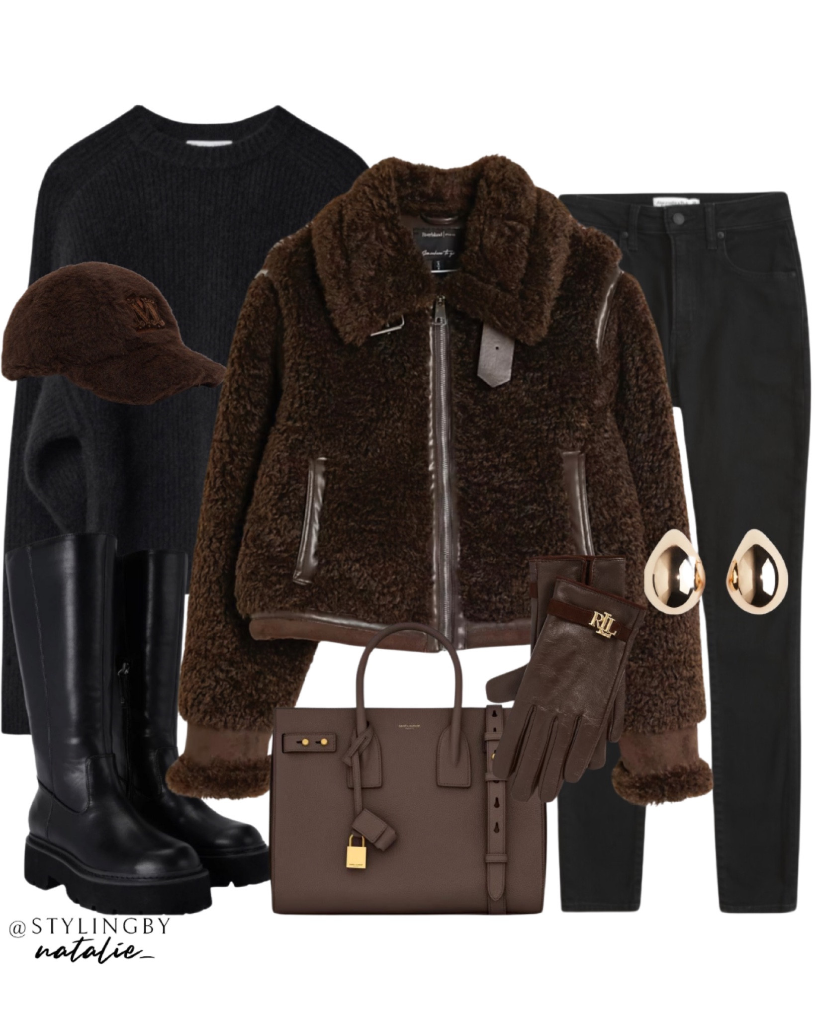 Winter jacket-
Brown borg biker jacket, black skinny jeans, black knit sweater, max Mara fur baseball cap, knee high chunky flat black boots, YSL sac de jour bag, gold dome earrings & Ralph Lauren gloves.
🏷️ Winter outfit, aviator, boots, casual outfit, brown outfit 

#LTKautumn #LTKstyletip #LTKwinter