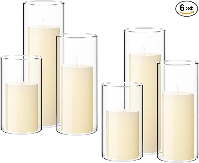 Shihanee Set of 6 Pillar Candles and Glass Cylinder Vases Clear Cylinder Candle Holders for Slim ... | Amazon (US)