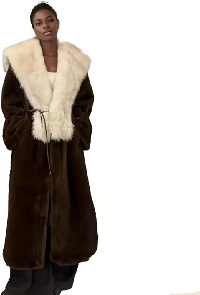 Winter Faux Fur Long-style Coat Powerful White Collar Brown Women's Fur Jacket | Amazon (US)