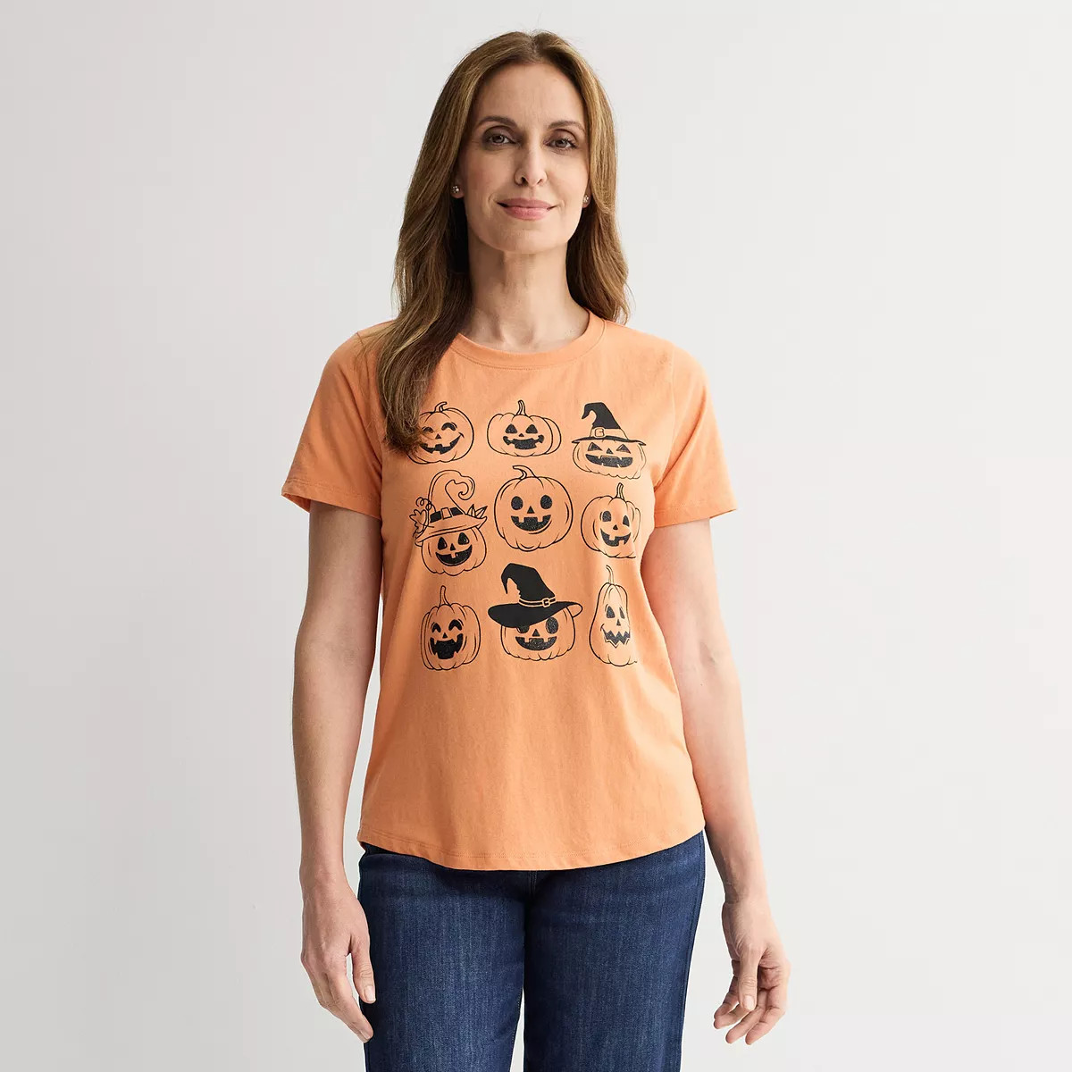 Women's Halloween Glitter Pumpkins Grid Graphic Tee, Size: Medium, Orange | Kohl's