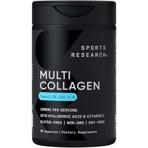 Sports Research® Multi Collagen Pills for Women & Men - Collagen Peptides (Type I, II, III, V, X) Enhanced with Hyaluronic Acid & Vitamin C - Gluten Free ­· Non-GMO - 90 Capsules | Amazon (US)