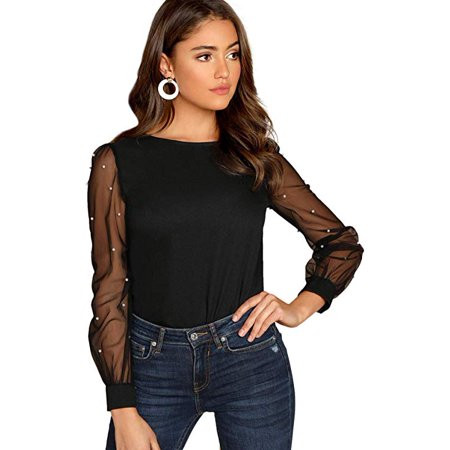 Women's Pearl Beading Sheer Mesh Sleeve Blouse Tops | Walmart (US)