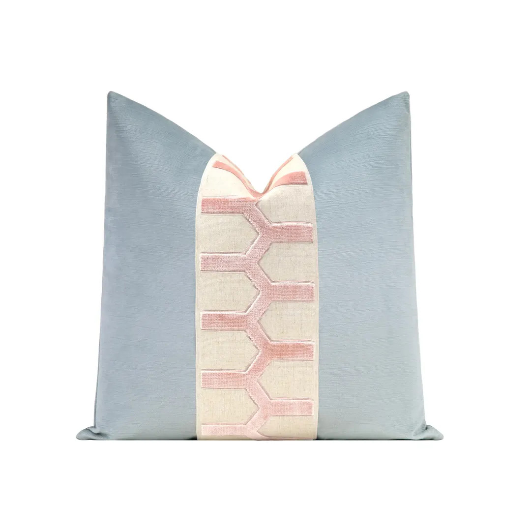 Striated Velvet Throw Pillow Cover in Spa Blue with Large Centered Vertex Ballet Pink Trim | Lumb... | Etsy (Global)