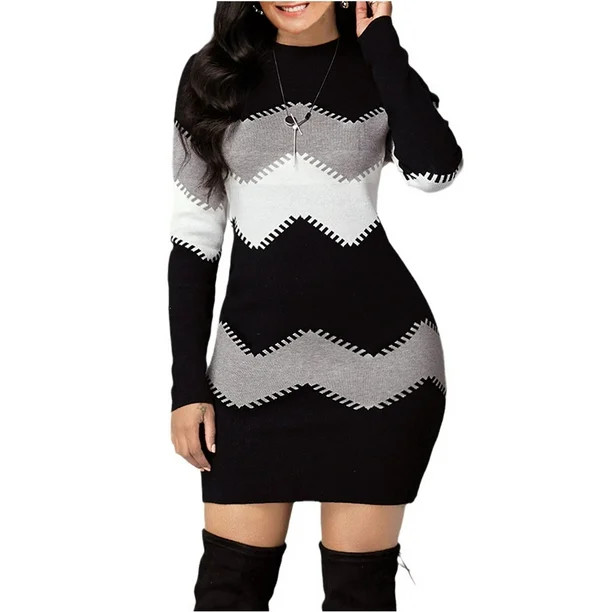 Women O-neck Long Sleeve Stripe Warm Knit Tops Sweater Dress - Walmart.com | Walmart (US)