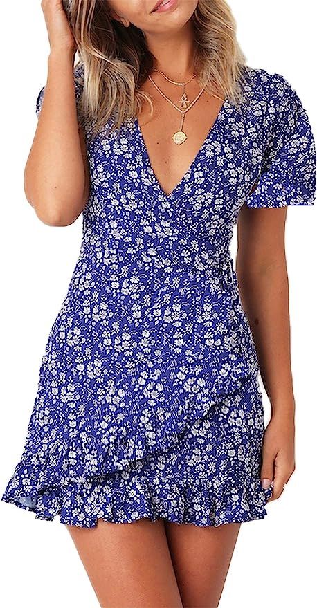 Relipop Summer Women Short Sleeve Print Dress V Neck Casual Short Dresses | Amazon (US)