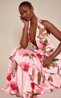 Pink Floral Printed Satin Halterneck Frill Maxi Dress | PrettyLittleThing UK
