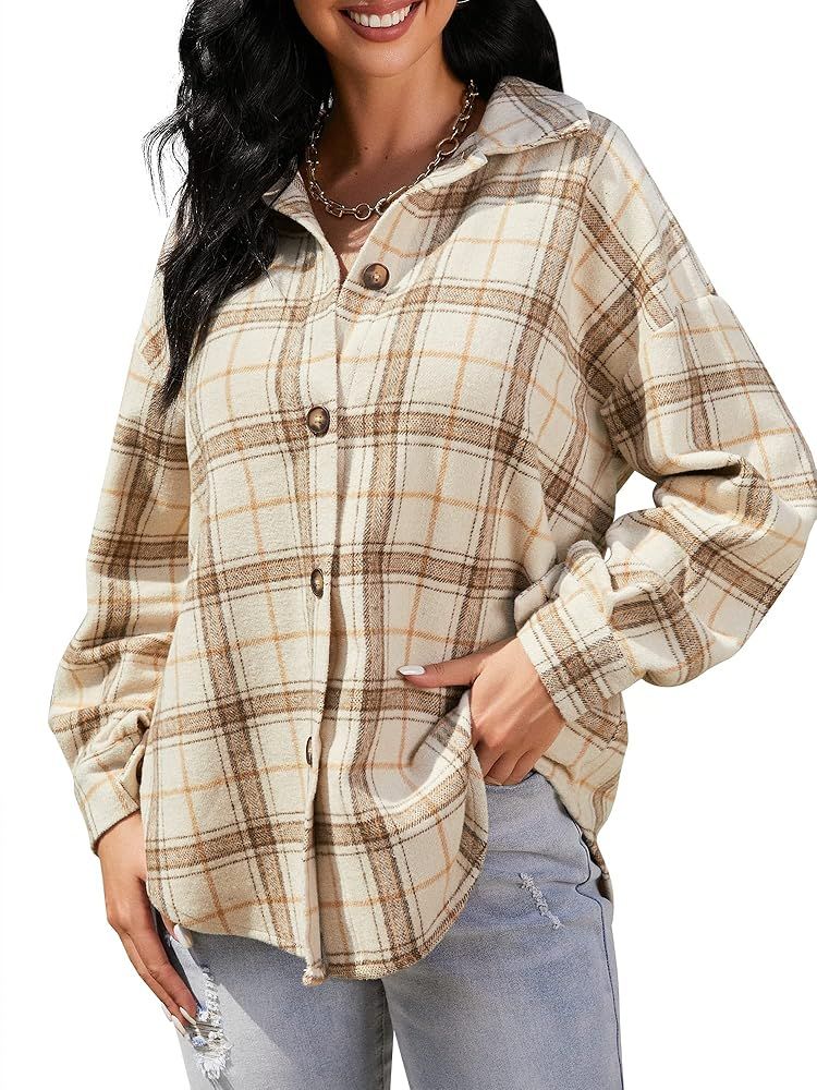 ZAFUL Women's Plaid Shirts Long Sleeve Button Down Wool Blend Flannel Shirts Shacket | Amazon (US)