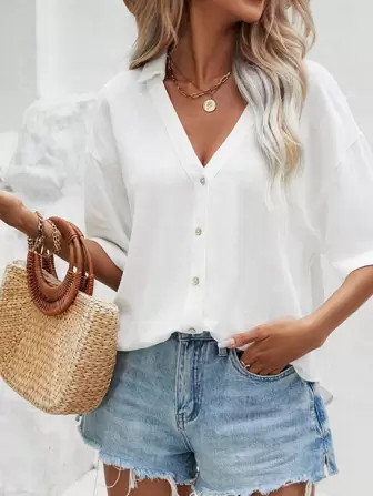 SHEIN Frenchy Solid Drop Shoulder Button Front Shirt | SHEIN