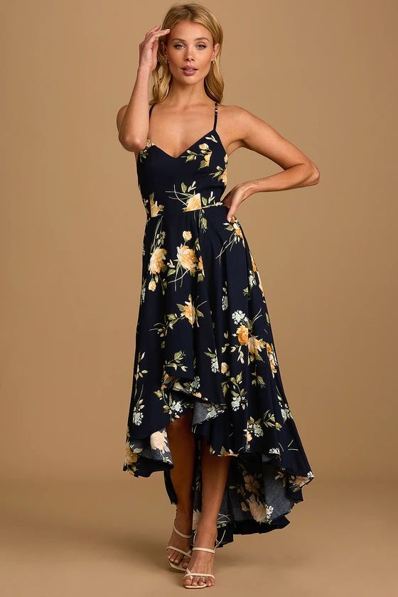 Best Times Navy Blue Floral Print Lace-Up High-Low Maxi Dress | Lulus (US)